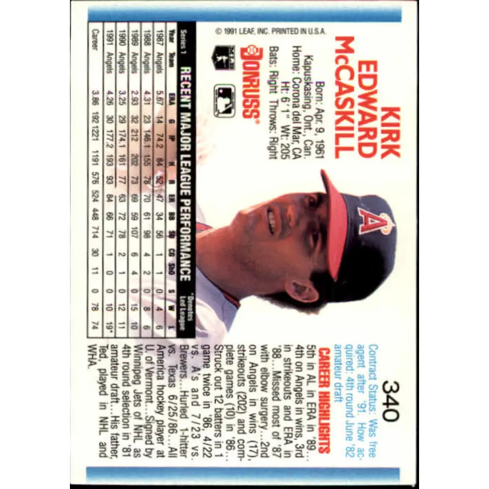 1992 Donruss #340 Kirk McCaskill NM-MT California Angels Baseball Card Image 2