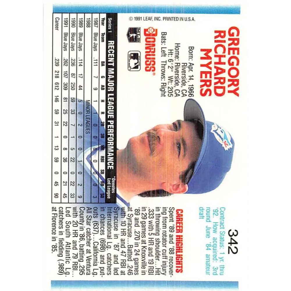 1992 Donruss #342 Greg Myers NM-MT Toronto Blue Jays Baseball Card Image 2