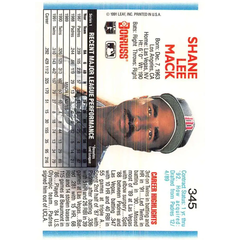 1992 Donruss #345 Shane Mack NM-MT Minnesota Twins Baseball Card Image 2