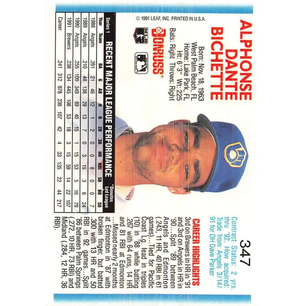 1992 Donruss #347 Dante Bichette NM-MT Milwaukee Brewers Baseball Card Image 2