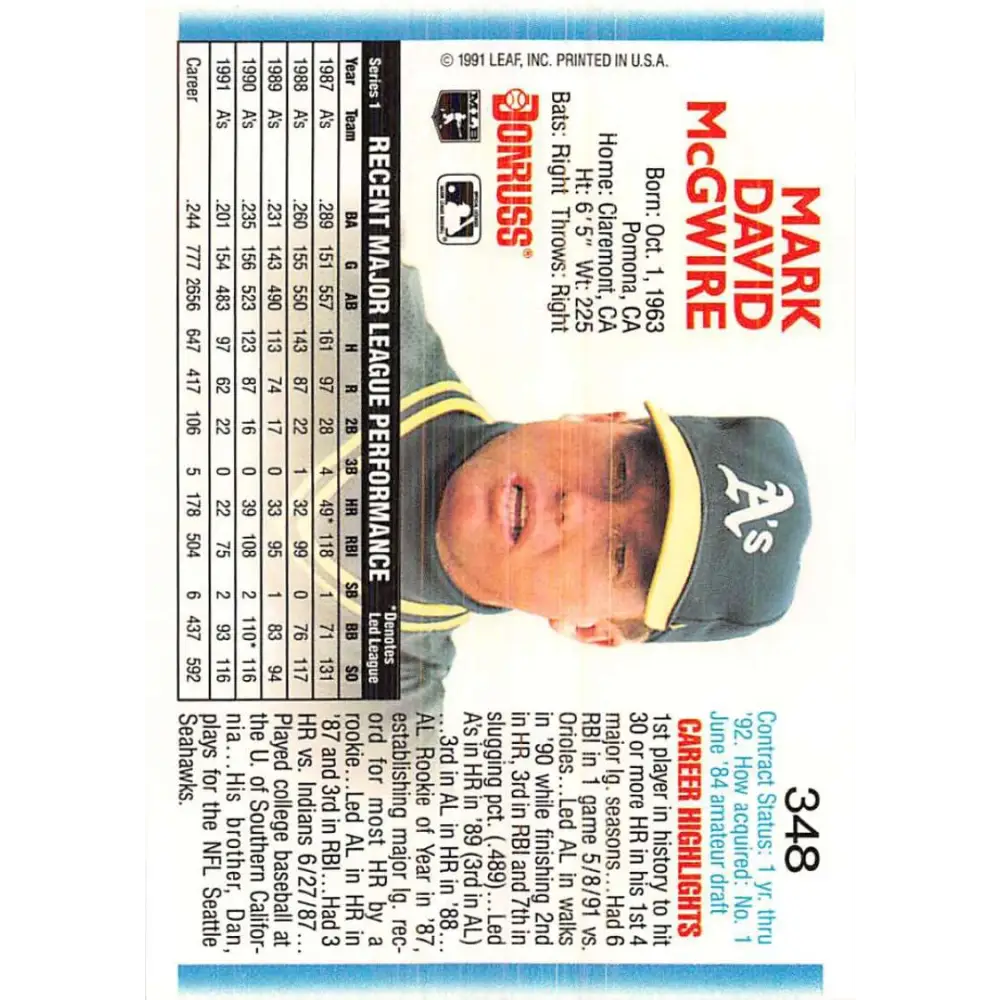 1992 Donruss #348 Mark McGwire NM-MT Oakland Athletics Baseball Card Image 2