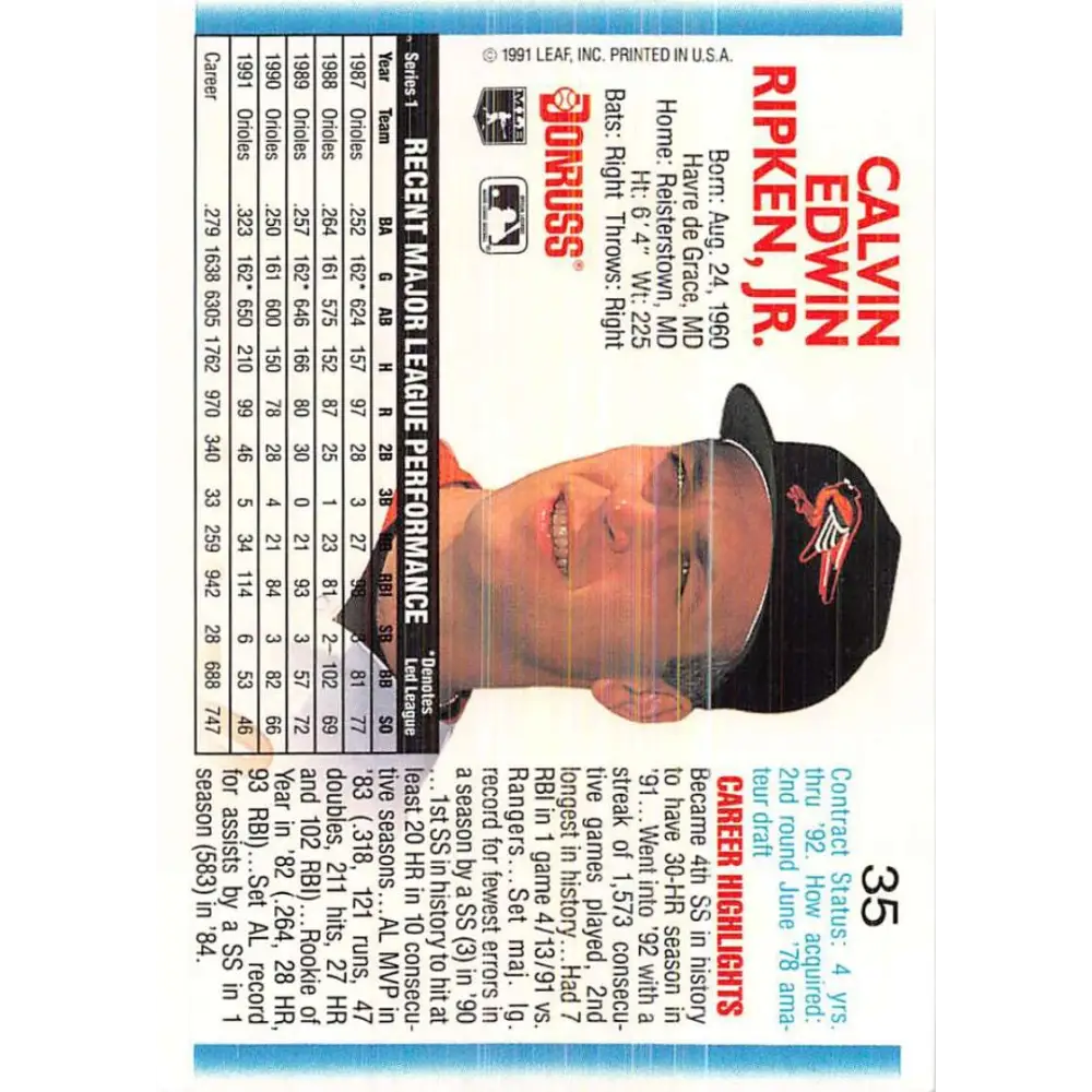 1992 Donruss #35 Cal Ripken Jr. NM-MT Baltimore Orioles Baseball Card Image 2