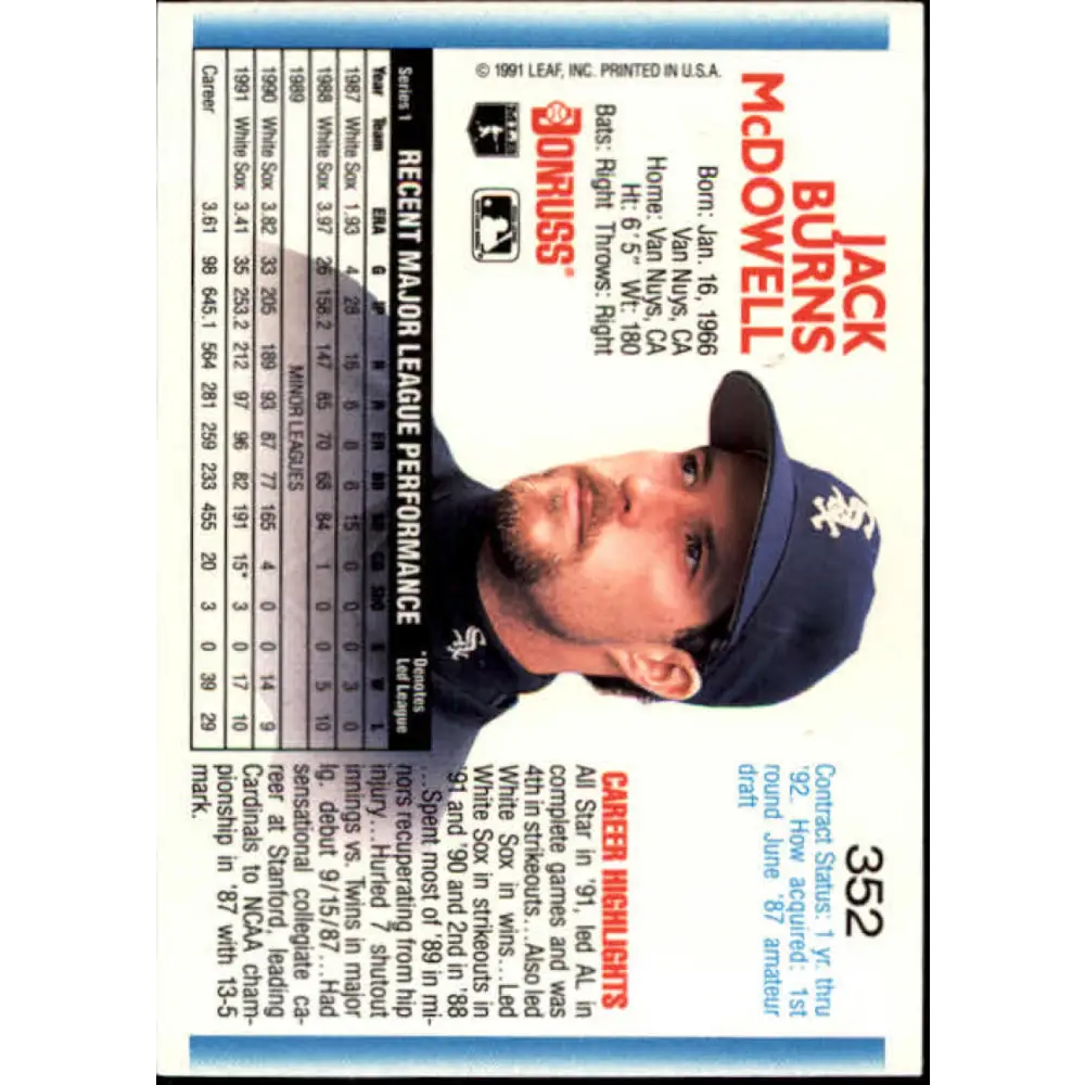 1992 Donruss #352 Jack McDowell NM-MT Chicago White Sox Baseball Card Image 2