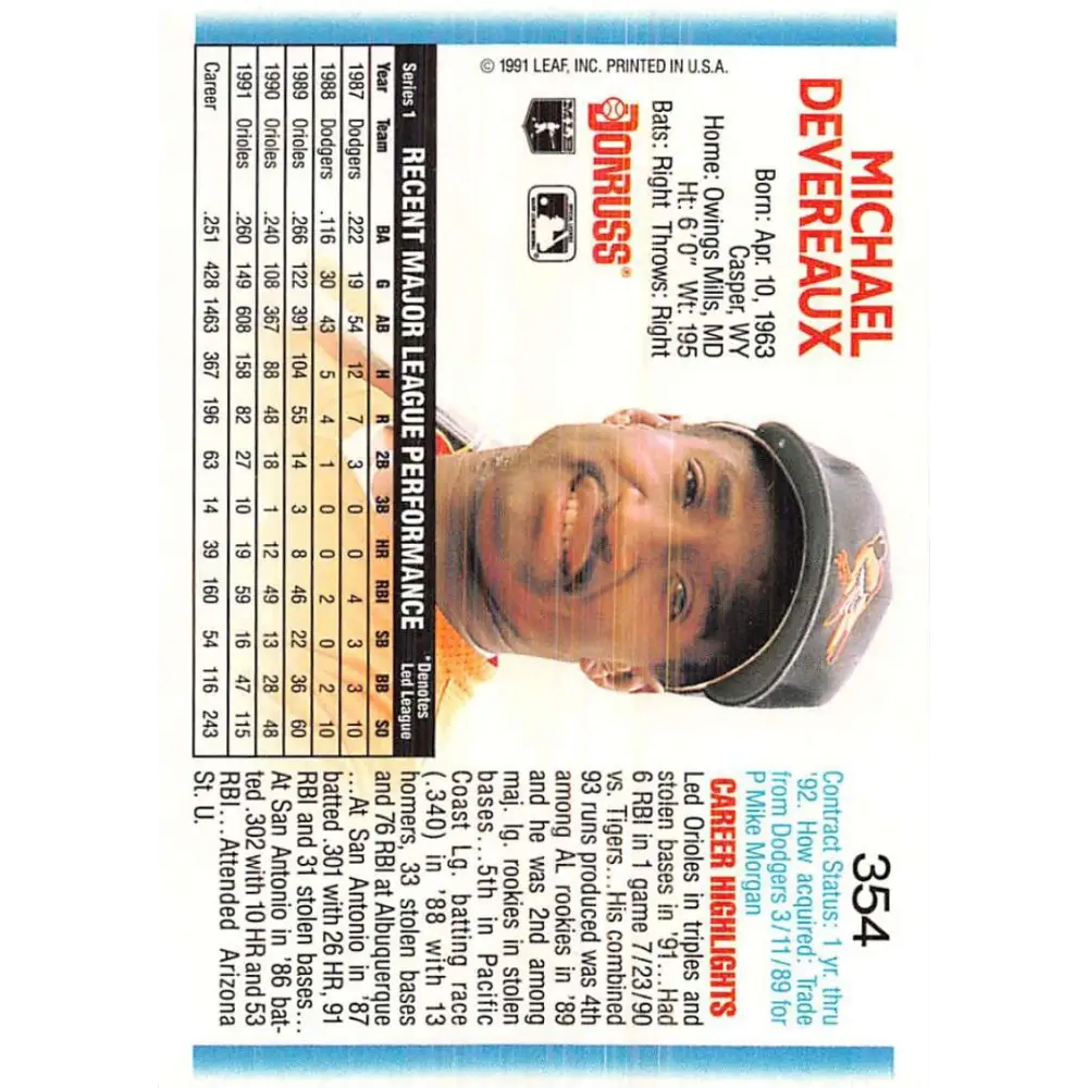 1992 Donruss #354 Mike Devereaux NM-MT Baltimore Orioles Baseball Card Image 2
