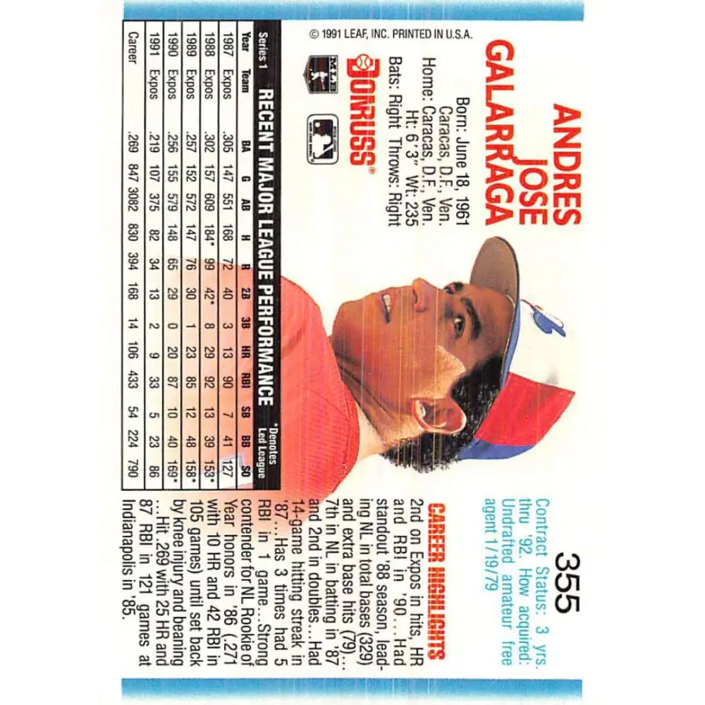 1992 Donruss #355 Andres Galarraga NM-MT Montreal Expos Baseball Card Image 2