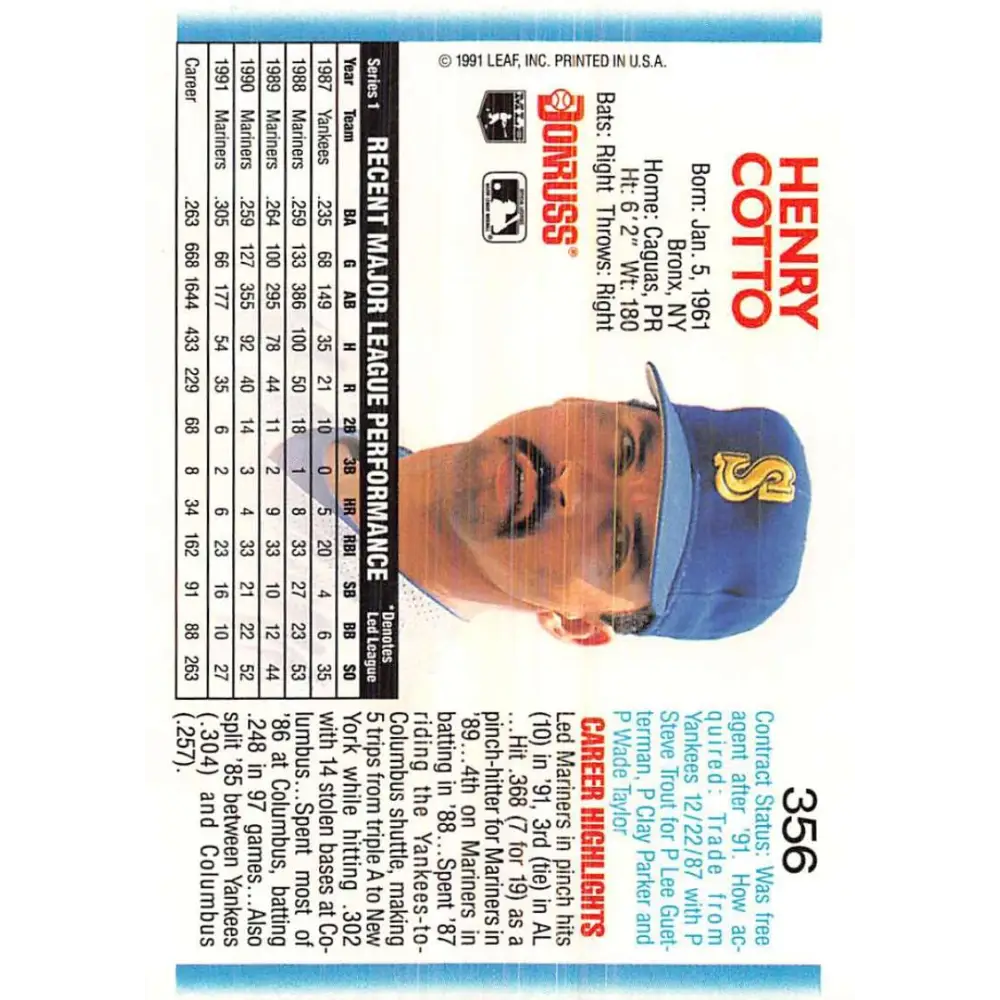 1992 Donruss #356 Henry Cotto NM-MT Seattle Mariners Baseball Card Image 2