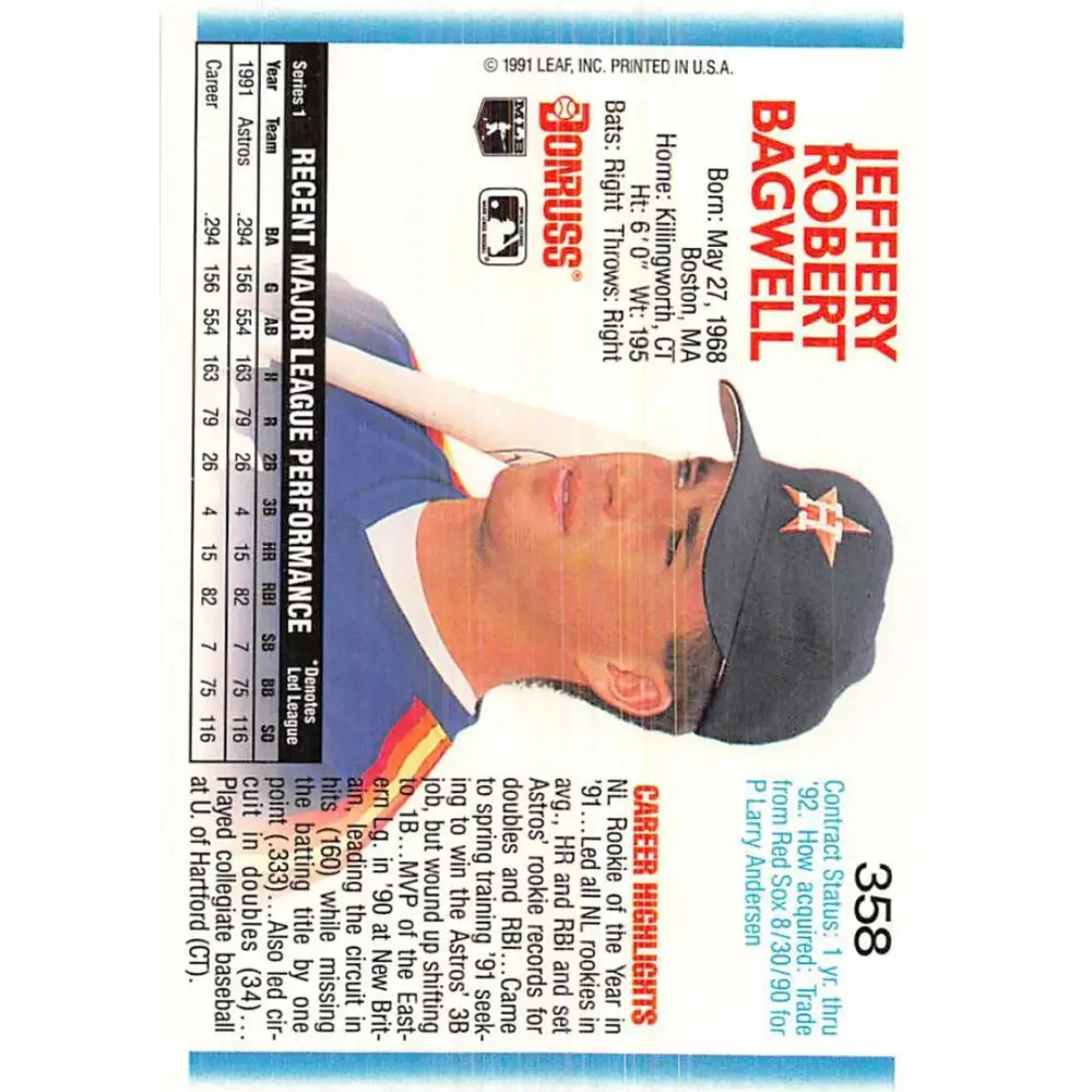 1992 Donruss #358 Jeff Bagwell NM-MT Houston Astros Baseball Card Image 2