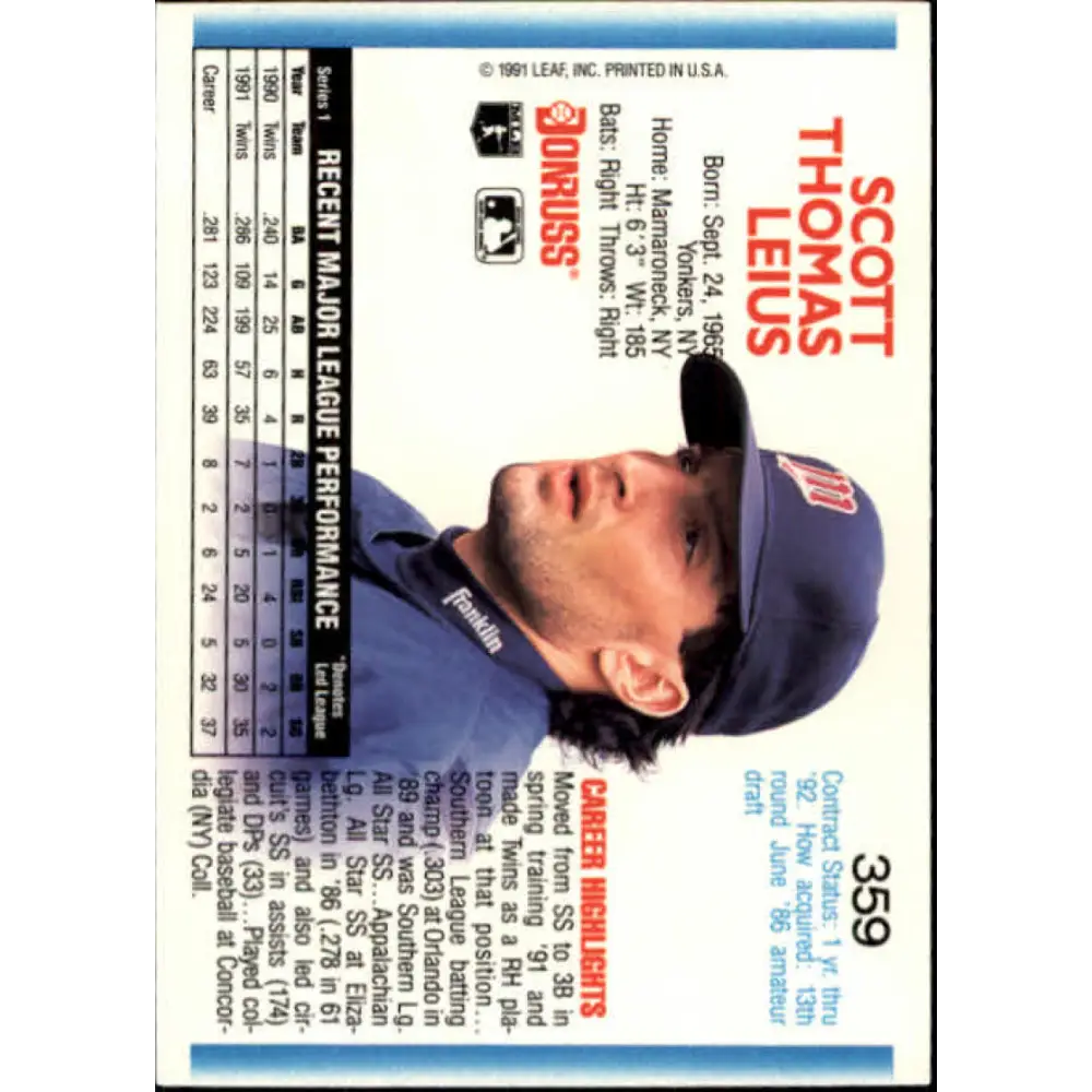 1992 Donruss #359 Scott Leius NM-MT Minnesota Twins Baseball Card Image 2
