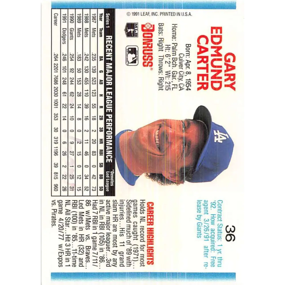 1992 Donruss #36 Gary Carter NM-MT Los Angeles Dodgers Baseball Card Image 2