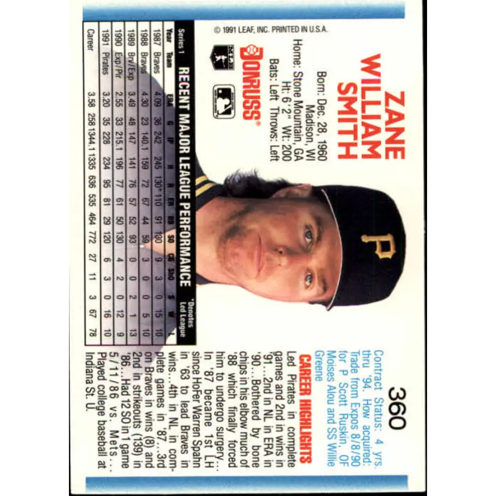 1992 Donruss #360 Zane Smith NM-MT Pittsburgh Pirates Baseball Card Image 2