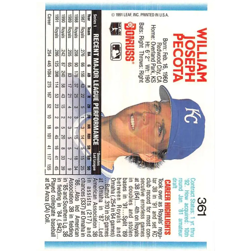 1992 Donruss #361 Bill Pecota NM-MT Kansas City Royals Baseball Card Image 2