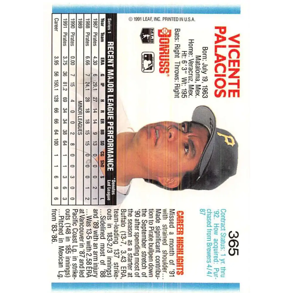 1992 Donruss #365 Vicente Palacios NM-MT Pittsburgh Pirates Baseball Card Image 2