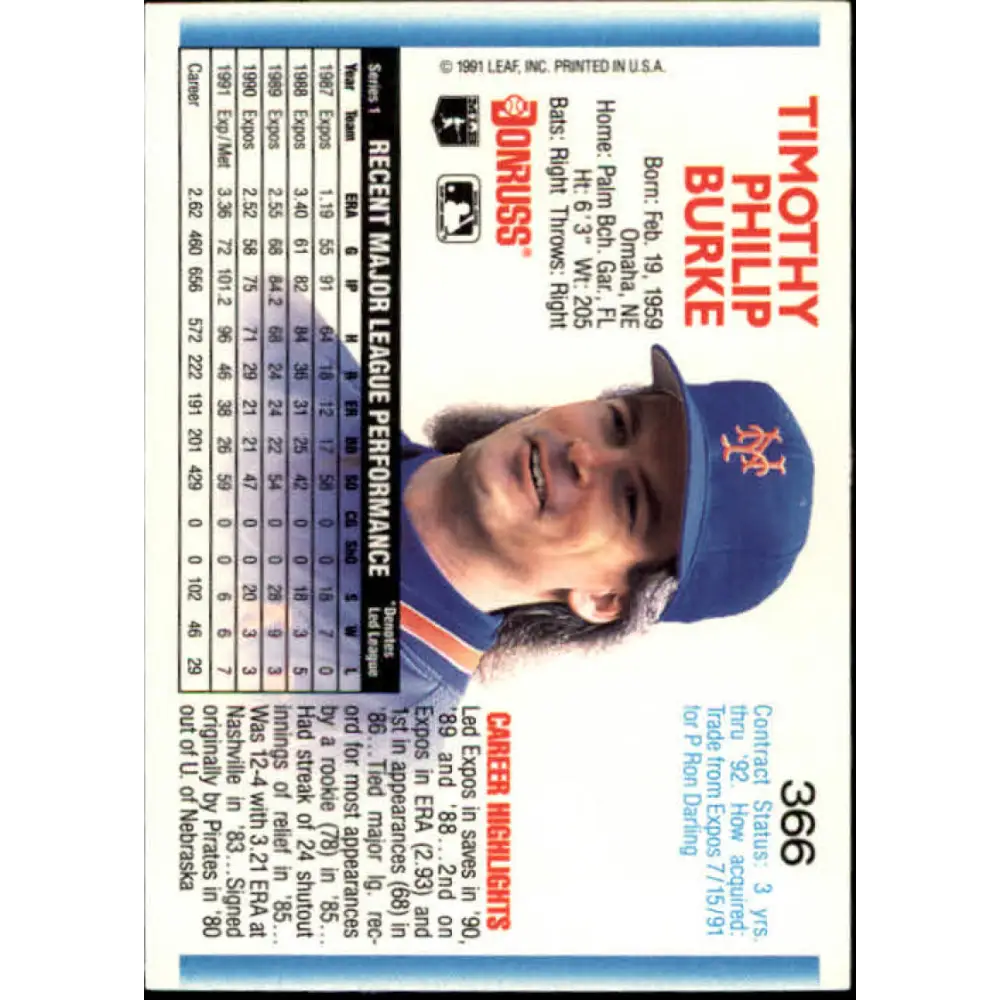 1992 Donruss #366 Tim Burke NM-MT New York Mets Baseball Card Image 2