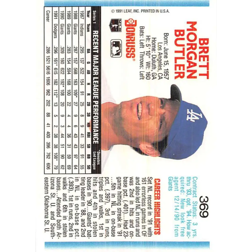 1992 Donruss #369 Brett Butler NM-MT Los Angeles Dodgers Baseball Card Image 2
