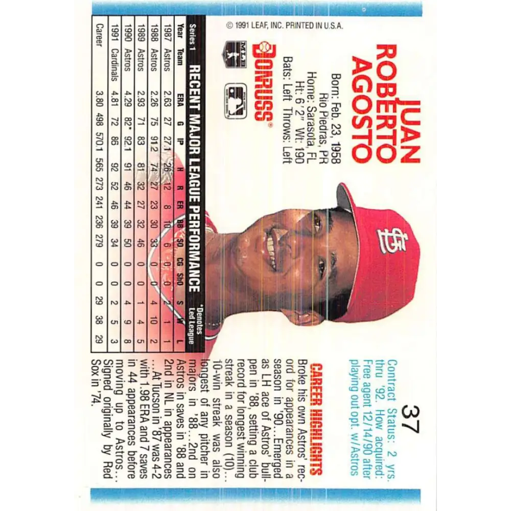 1992 Donruss #37 Juan Agosto NM-MT St. Louis Cardinals Baseball Card Image 2