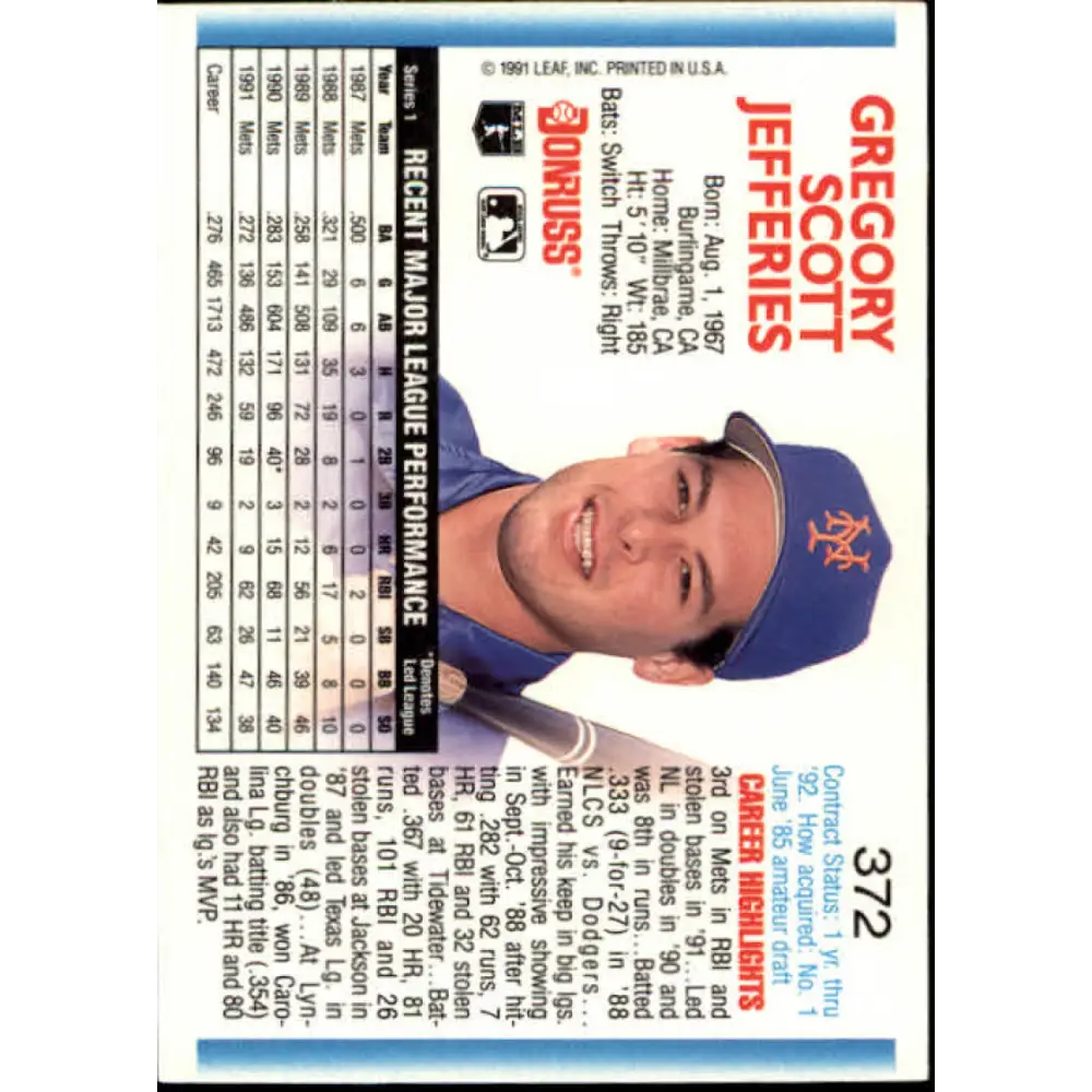 1992 Donruss #372 Gregg Jefferies NM-MT New York Mets Baseball Card Image 2