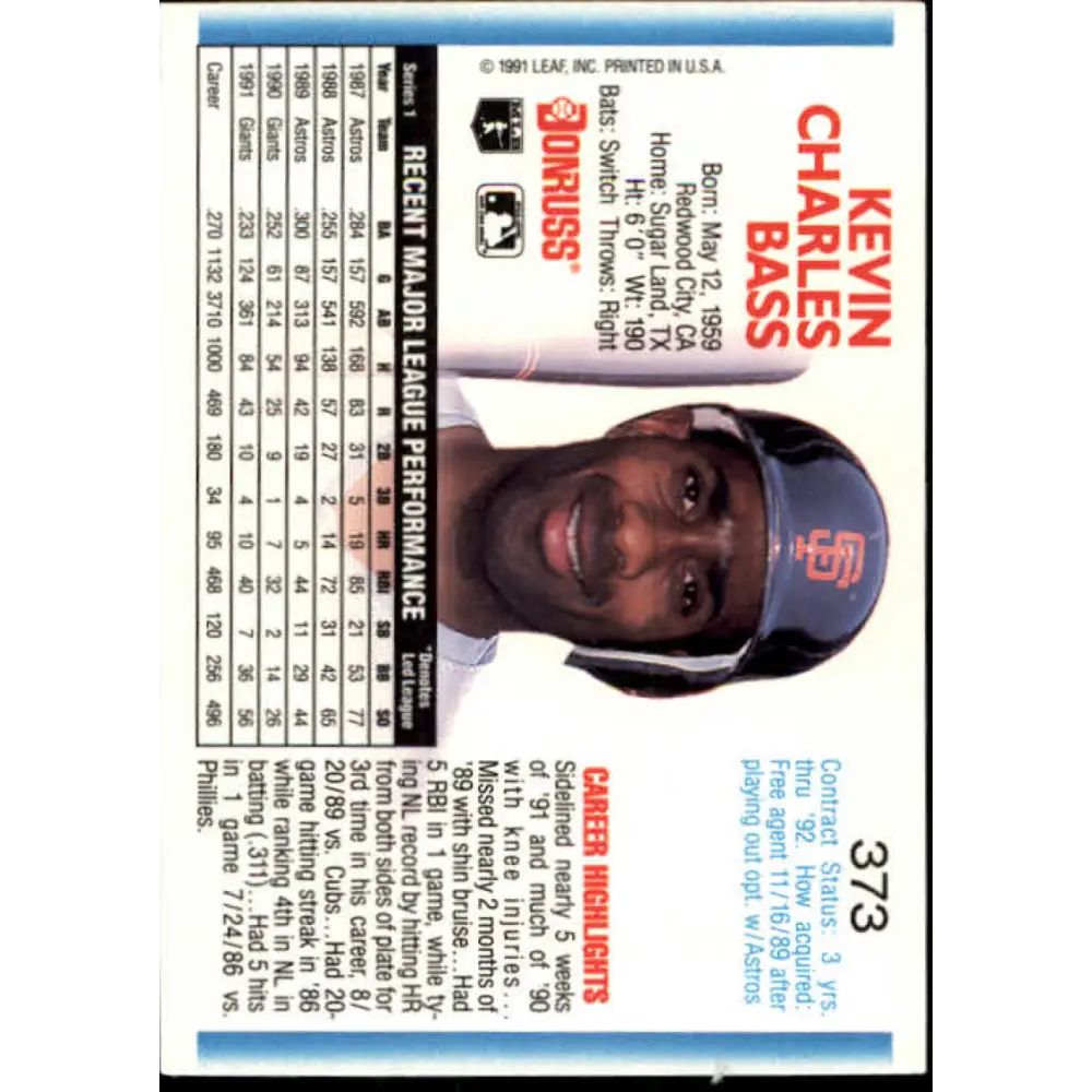 1992 Donruss #373 Kevin Bass NM-MT San Francisco Giants Baseball Card Image 2