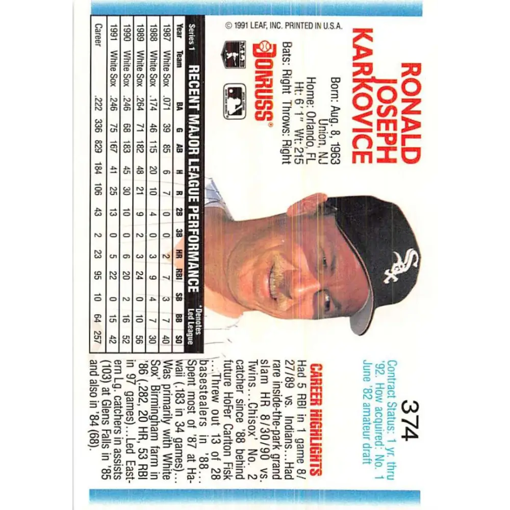 1992 Donruss #374 Ron Karkovice NM-MT Chicago White Sox Baseball Card Image 2