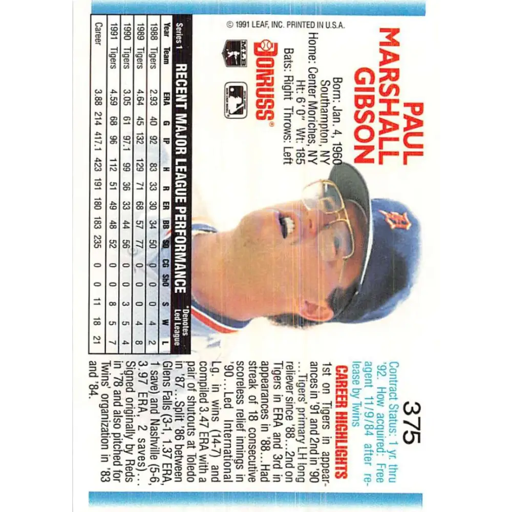 1992 Donruss #375 Paul Gibson NM-MT Detroit Tigers Baseball Card Image 2