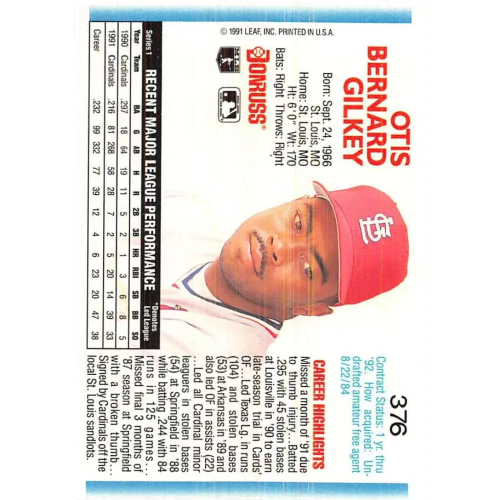 1992 Donruss #376 Bernard Gilkey NM-MT St. Louis Cardinals Baseball Card Image 2