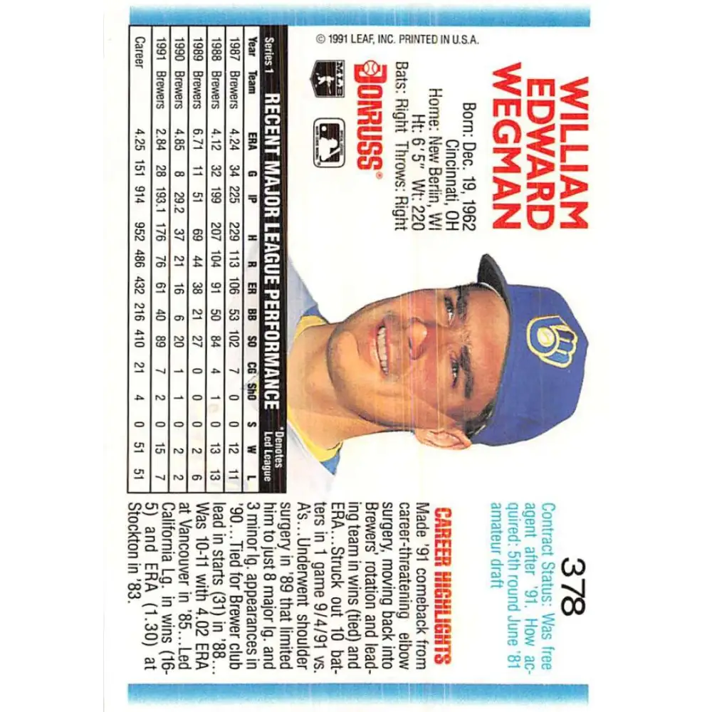 1992 Donruss #378 Bill Wegman NM-MT Milwaukee Brewers Baseball Card Image 2
