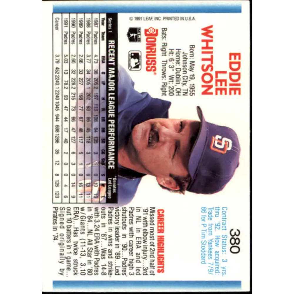 1992 Donruss #380 Ed Whitson NM-MT San Diego Padres Baseball Card Image 2