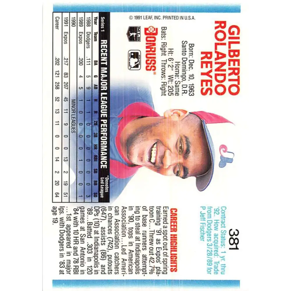 1992 Donruss #381 Gilberto Reyes NM-MT Montreal Expos Baseball Card Image 2