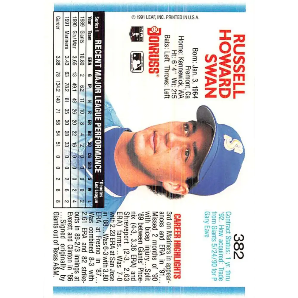 1992 Donruss #382 Russ Swan NM-MT Seattle Mariners Baseball Card Image 2