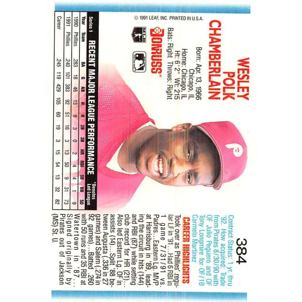 1992 Donruss #384 Wes Chamberlain NM-MT Philadelphia Phillies Baseball Card Image 2