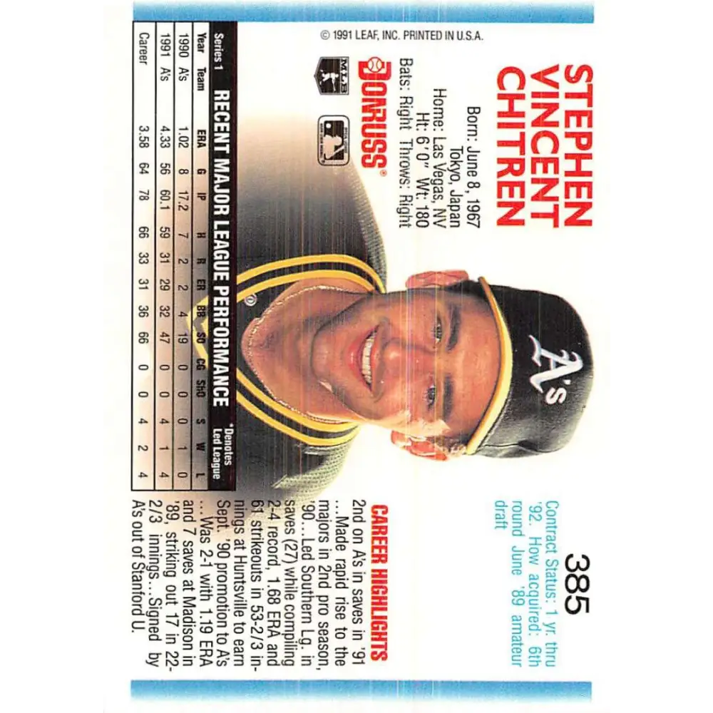 1992 Donruss #385 Steve Chitren NM-MT Oakland Athletics Baseball Card Image 2