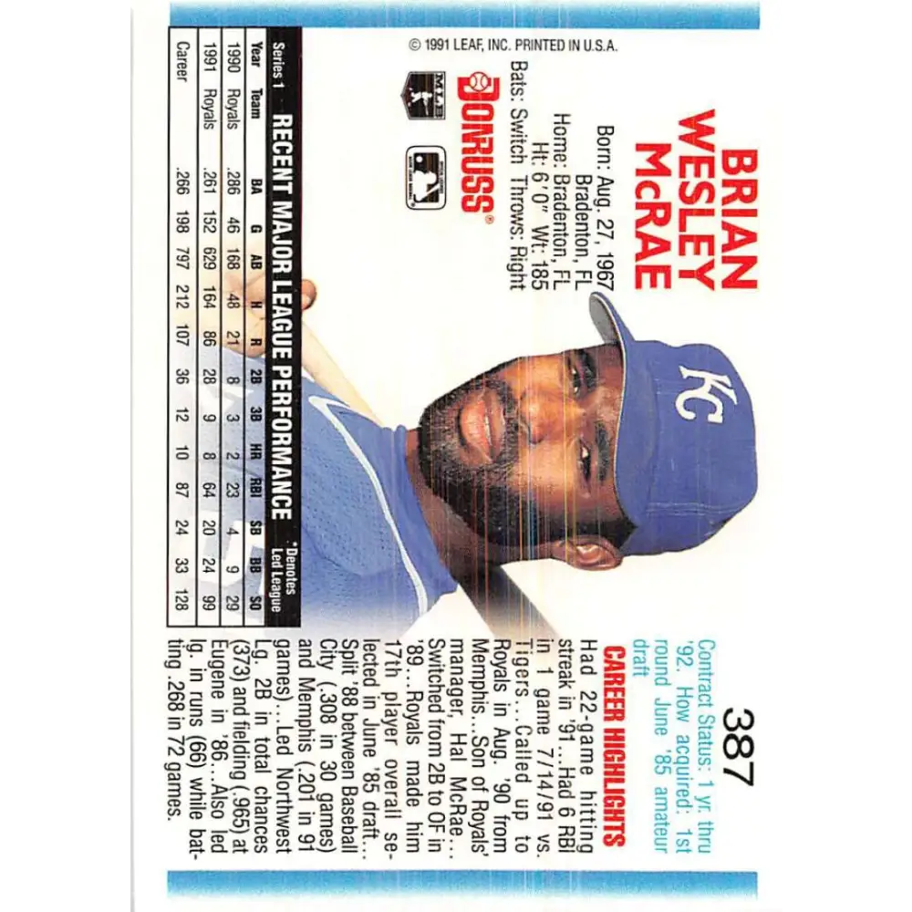 1992 Donruss #387 Brian McRae NM-MT Kansas City Royals Baseball Card Image 2