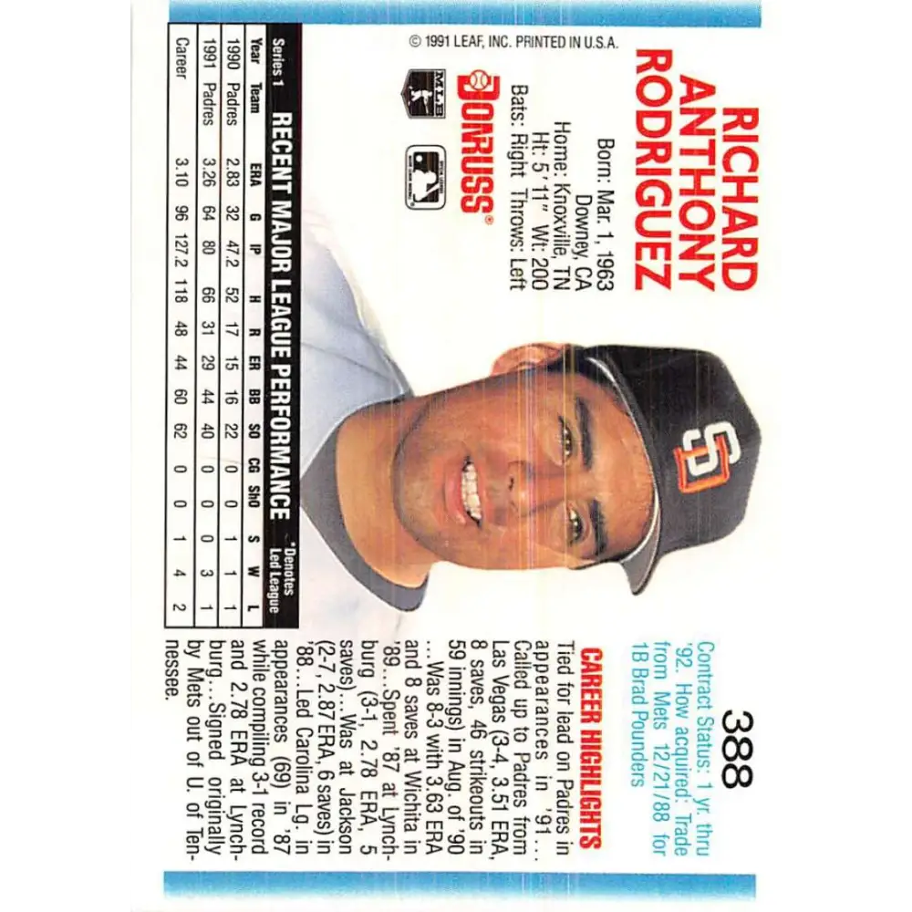 1992 Donruss #388 Rich Rodriguez NM-MT San Diego Padres Baseball Card Image 2
