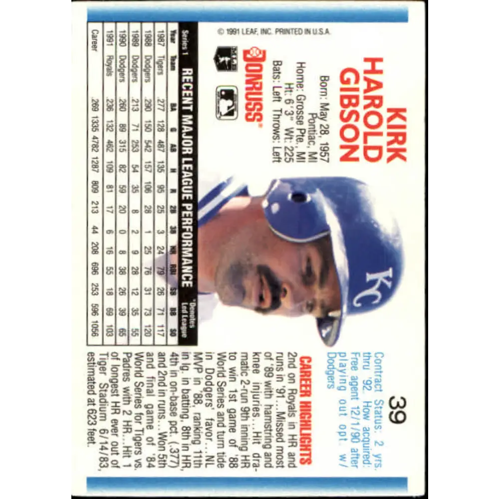 1992 Donruss #39 Kirk Gibson NM-MT Kansas City Royals Baseball Card Image 2