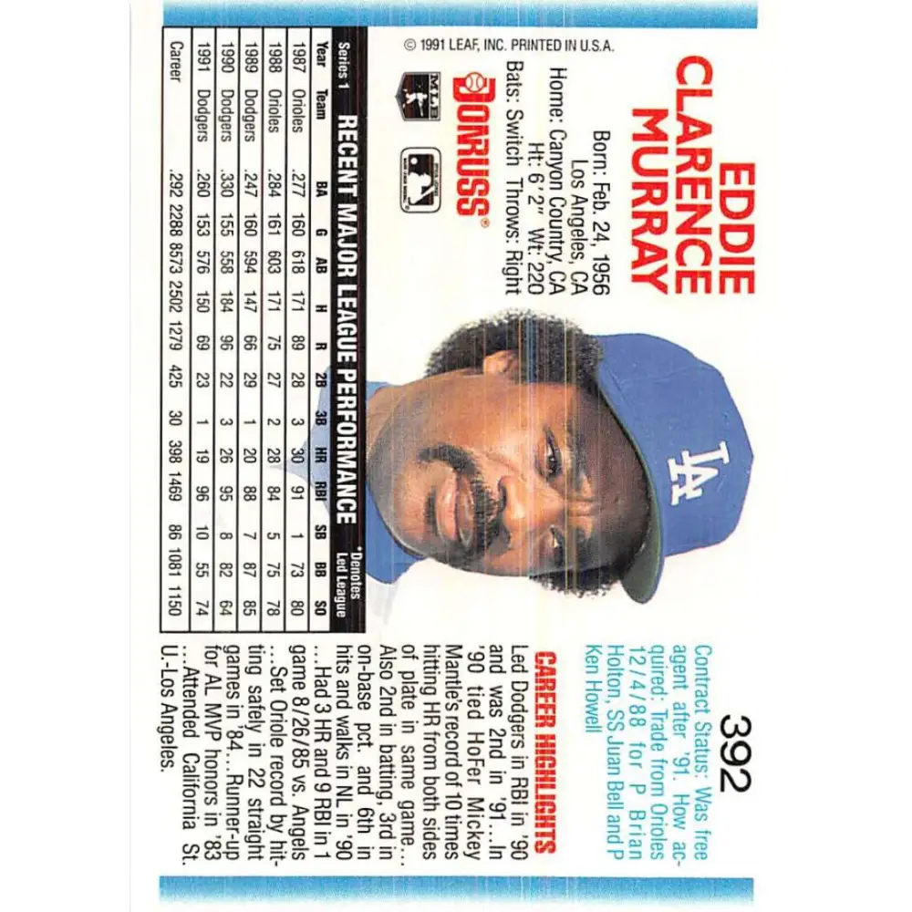1992 Donruss #392 Eddie Murray NM-MT Los Angeles Dodgers Baseball Card Image 2