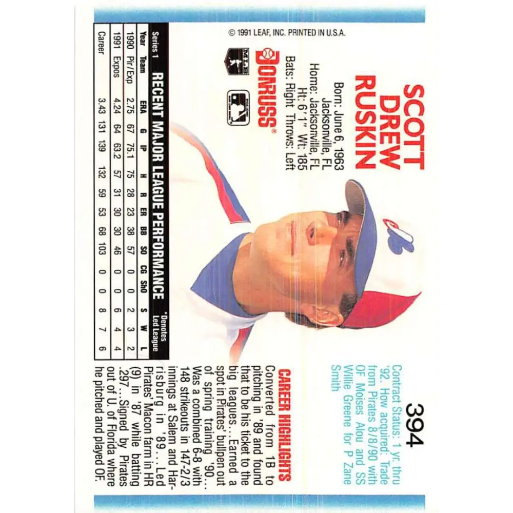 1992 Donruss #394 Scott Ruskin NM-MT Montreal Expos Baseball Card Image 2