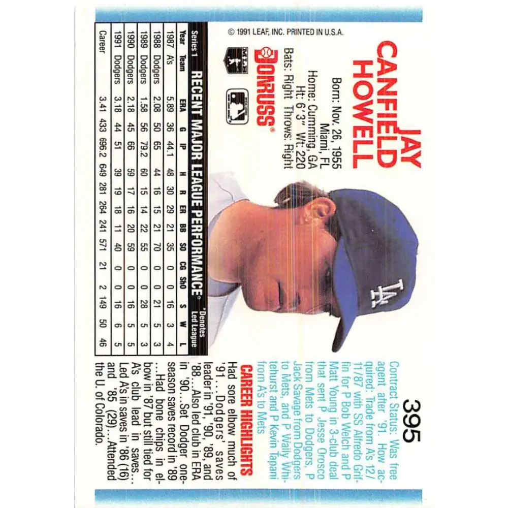 1992 Donruss #395 Jay Howell NM-MT Los Angeles Dodgers Baseball Card Image 2