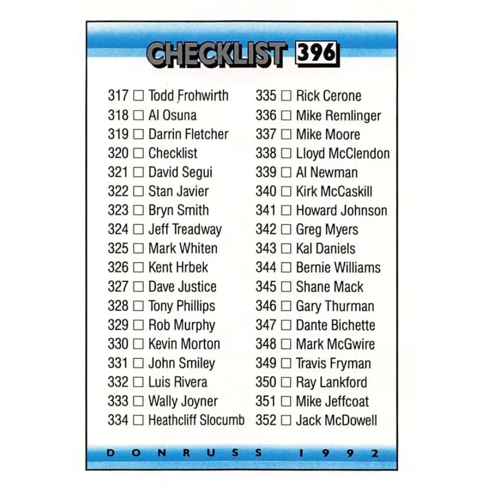1992 Donruss #396 Checklist 317-396 NM-MT Checklist Baseball Card Image 1