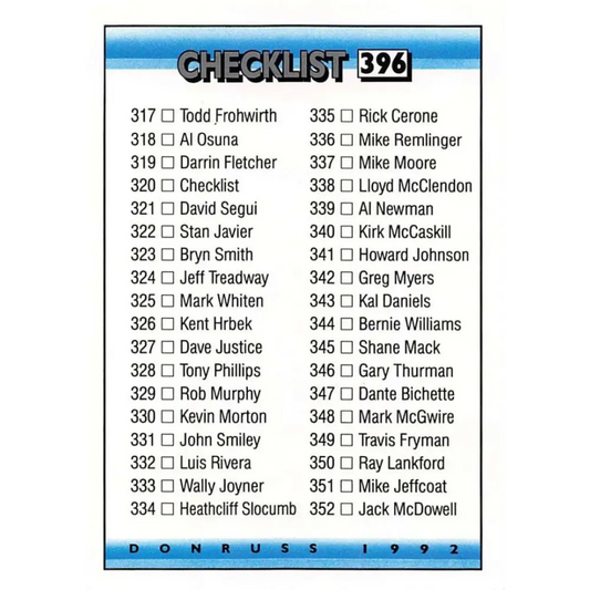 1992 Donruss #396 Checklist 317-396 NM-MT Checklist Baseball Card Image 1