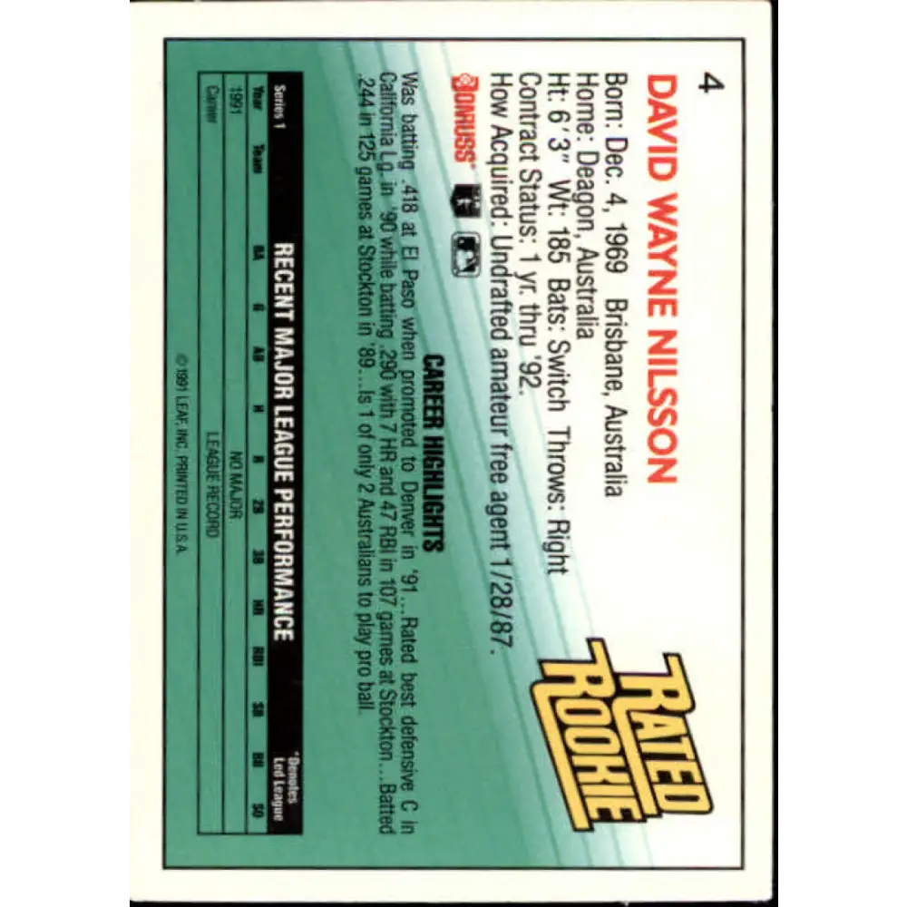 1992 Donruss #4 Dave Nilsson RR NM-MT Milwaukee Brewers Baseball Card Image 2