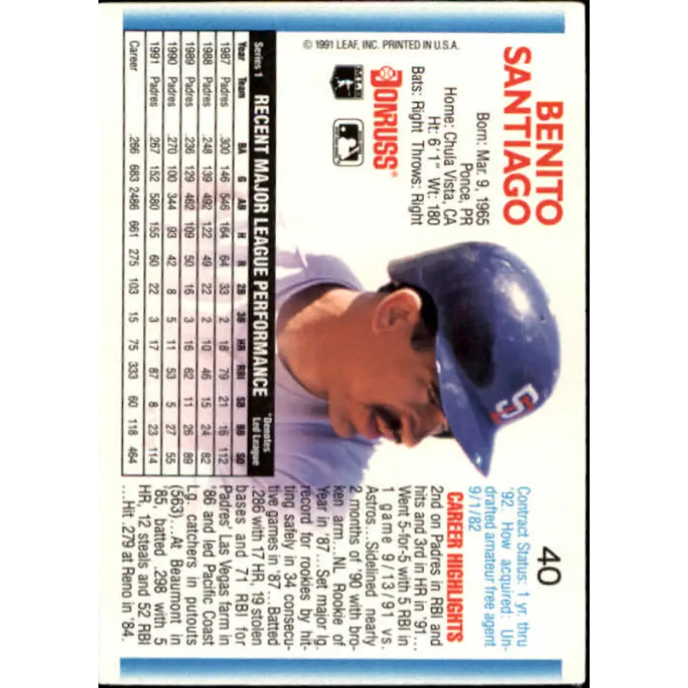 1992 Donruss #40 Benito Santiago NM-MT San Diego Padres Baseball Card Image 2