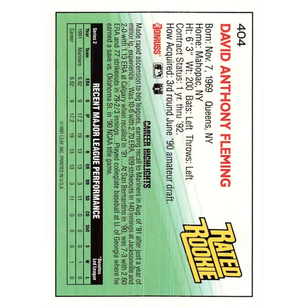 1992 Donruss #404 Dave Fleming RR NM-MT Seattle Mariners Baseball Card Image 2