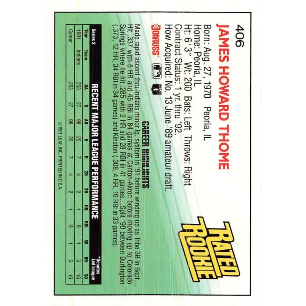 1992 Donruss #406 Jim Thome RR NM-MT Cleveland Indians Baseball Card Image 2