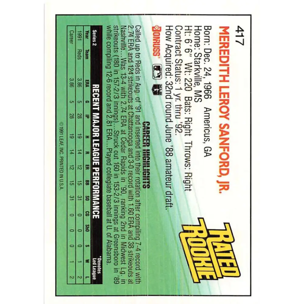 1992 Donruss #417 Mo Sanford RR NM-MT Cincinnati Reds Baseball Card Image 2