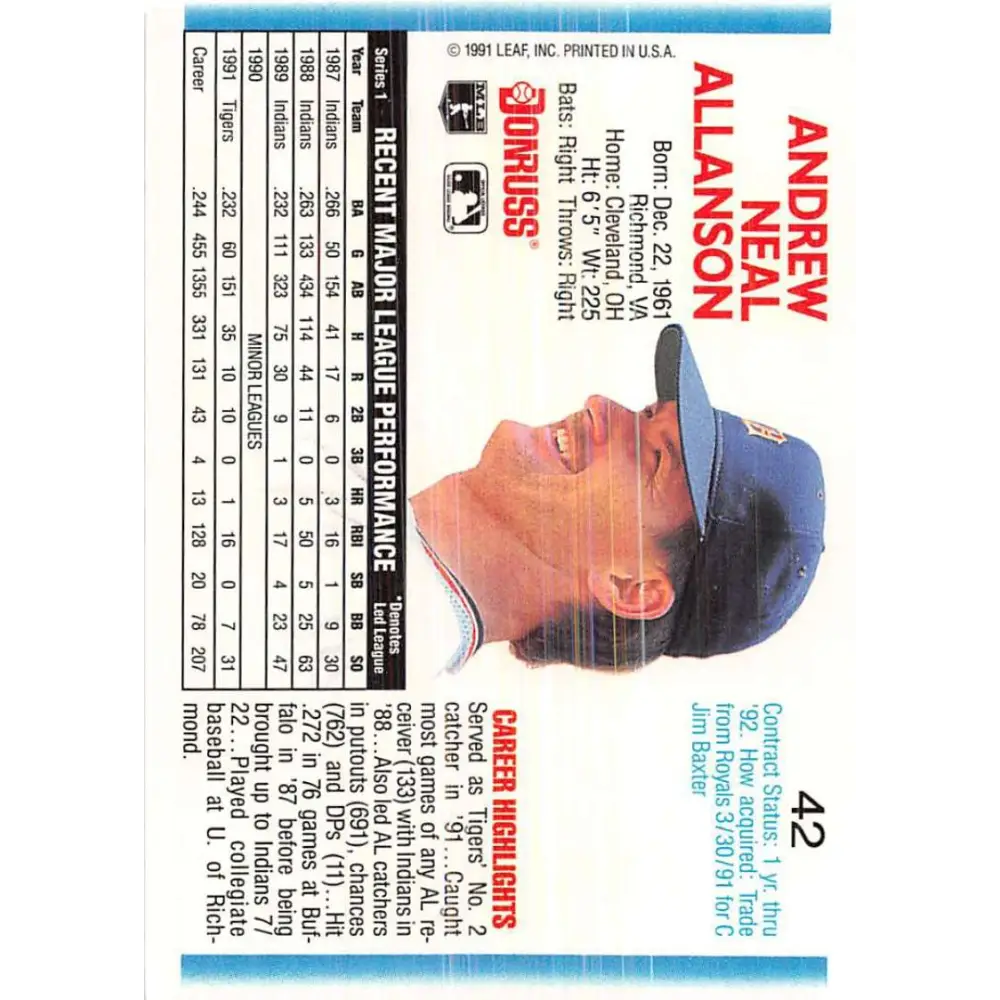 1992 Donruss #42 Andy Allanson NM-MT Detroit Tigers Baseball Card Image 2