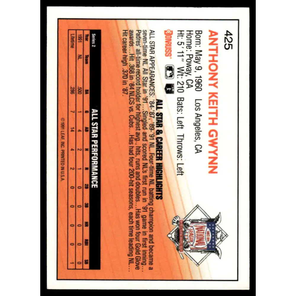 1992 Donruss #425 Tony Gwynn NM/MT San Diego Padres Baseball Card Image 2