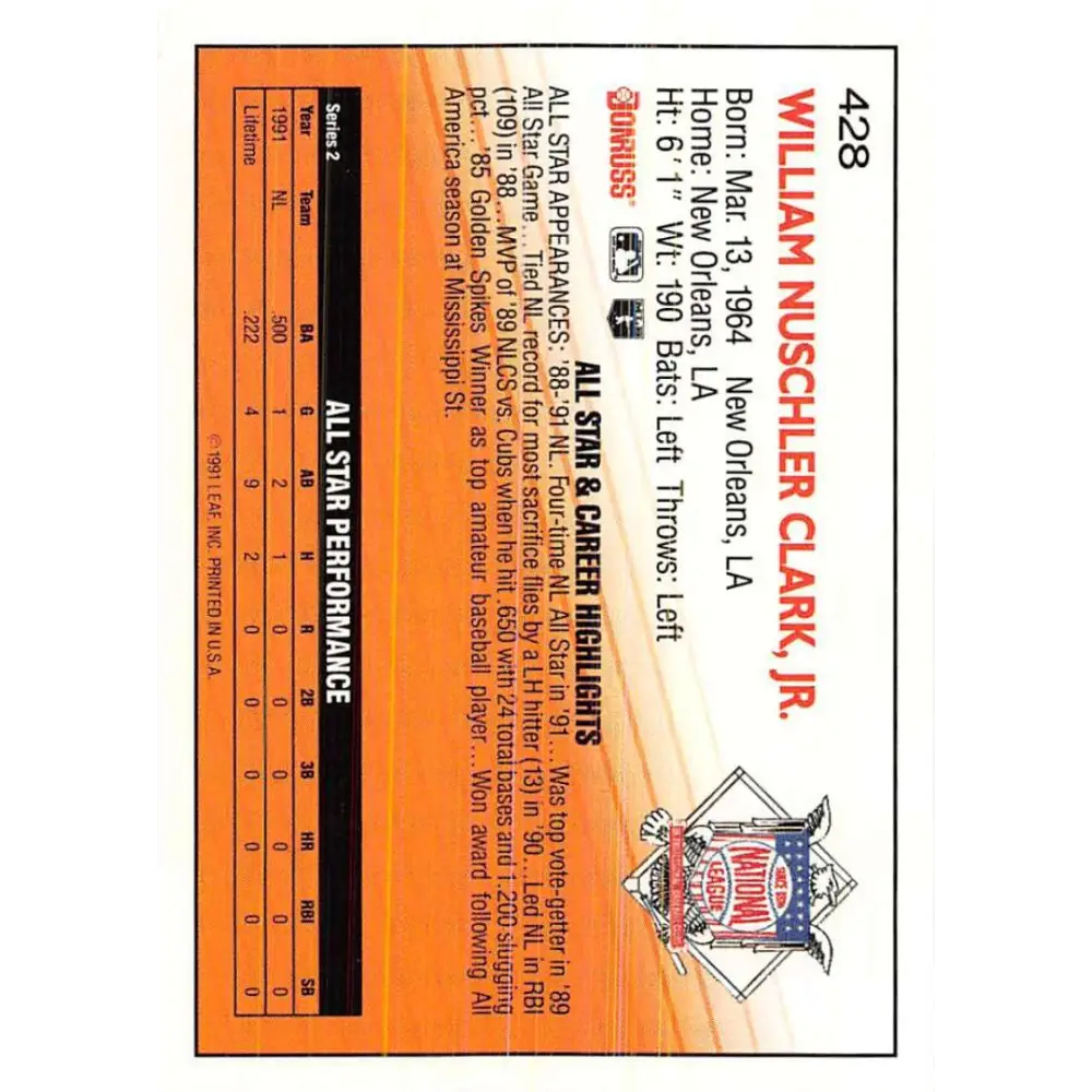 1992 Donruss #428 Will Clark AS NM-MT San Francisco Giants Baseball Card Image 2