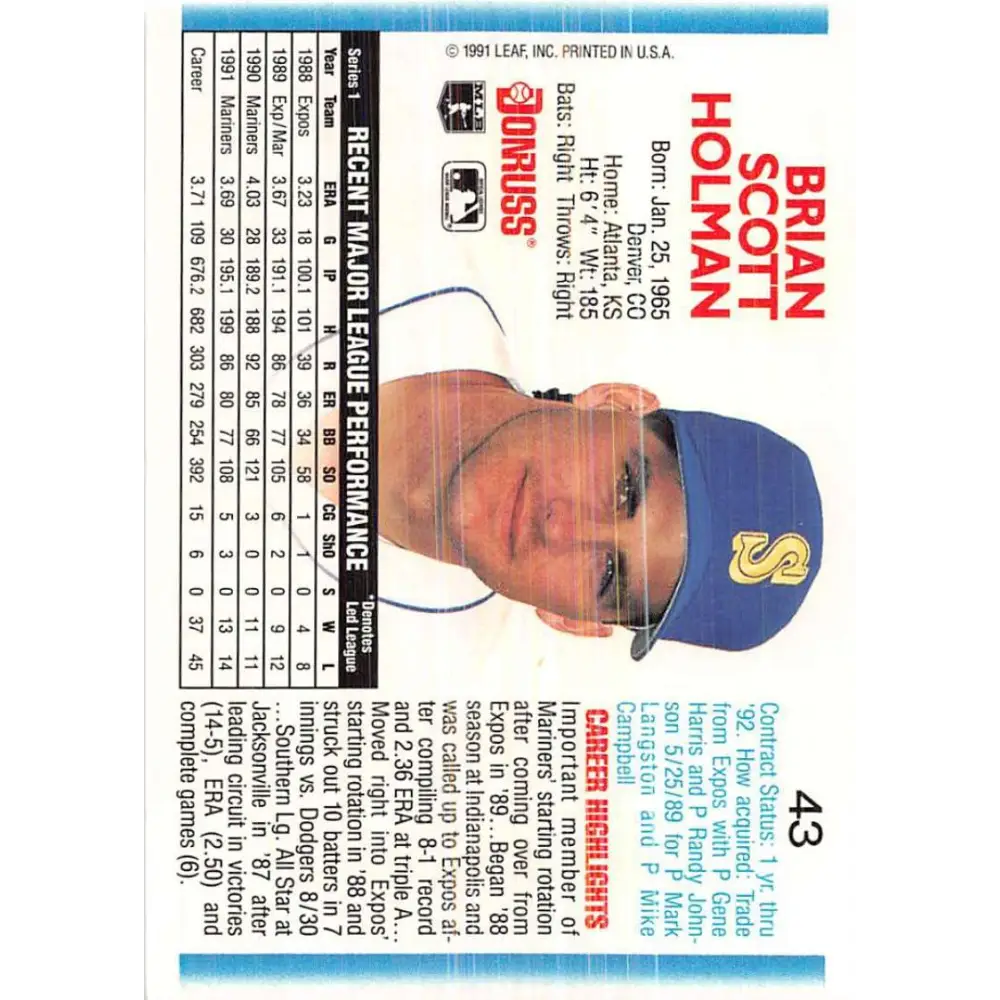 1992 Donruss #43 Brian Holman NM-MT Seattle Mariners Baseball Card Image 2