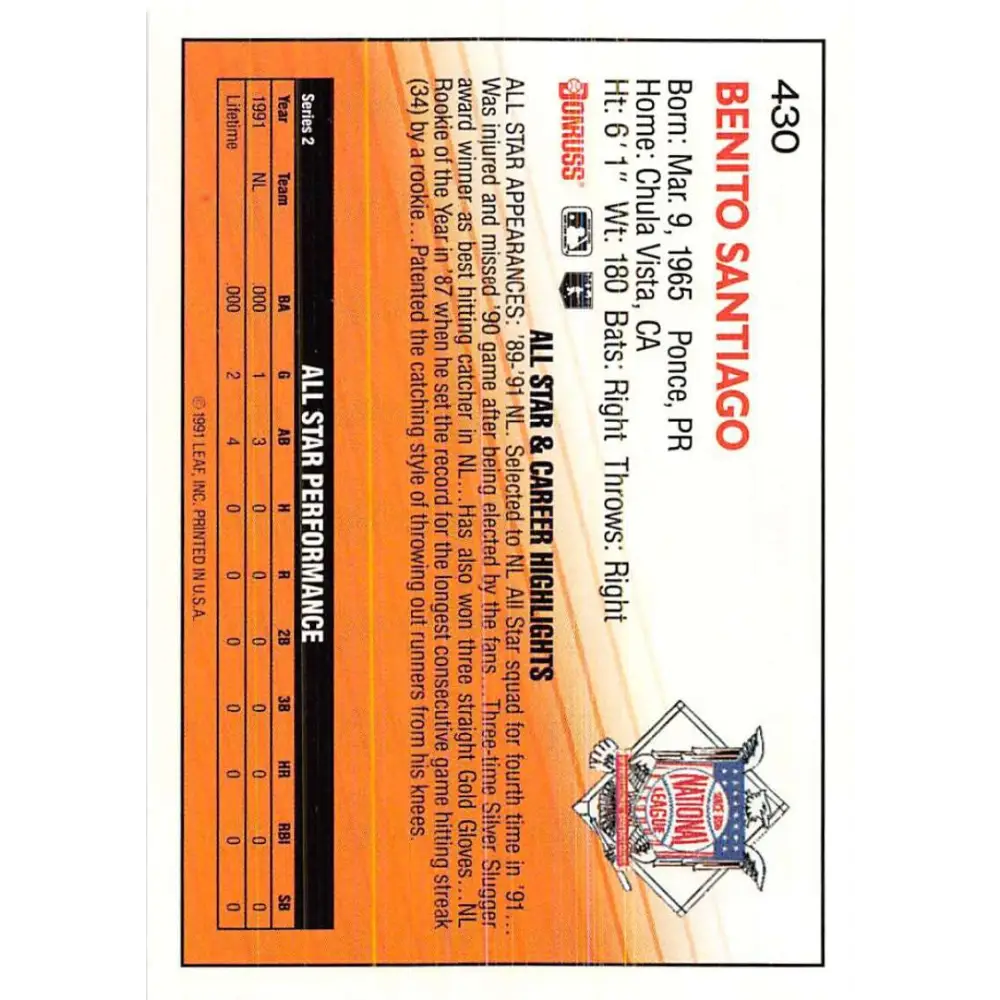 1992 Donruss #430 Benito Santiago AS NM-MT San Diego Padres Baseball Card Image 2