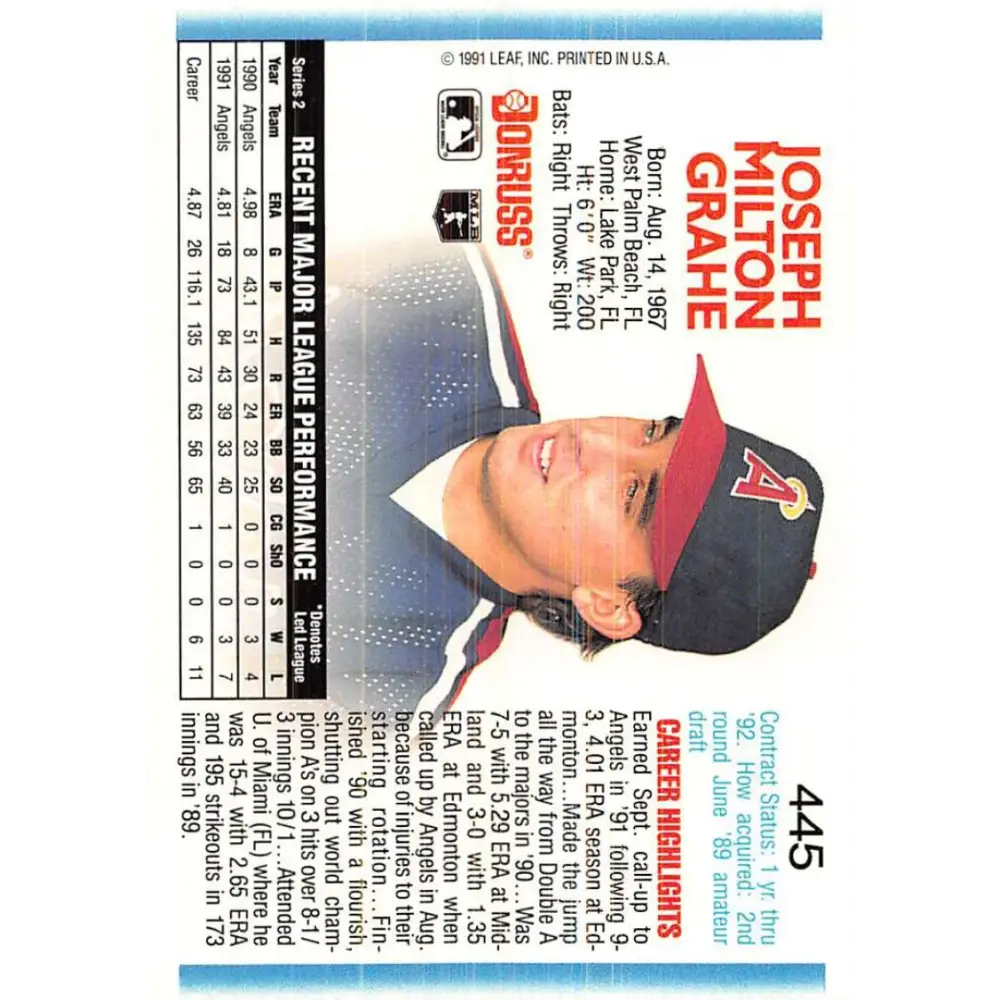 1992 Donruss #445 Joe Grahe NM-MT California Angels Baseball Card Image 2