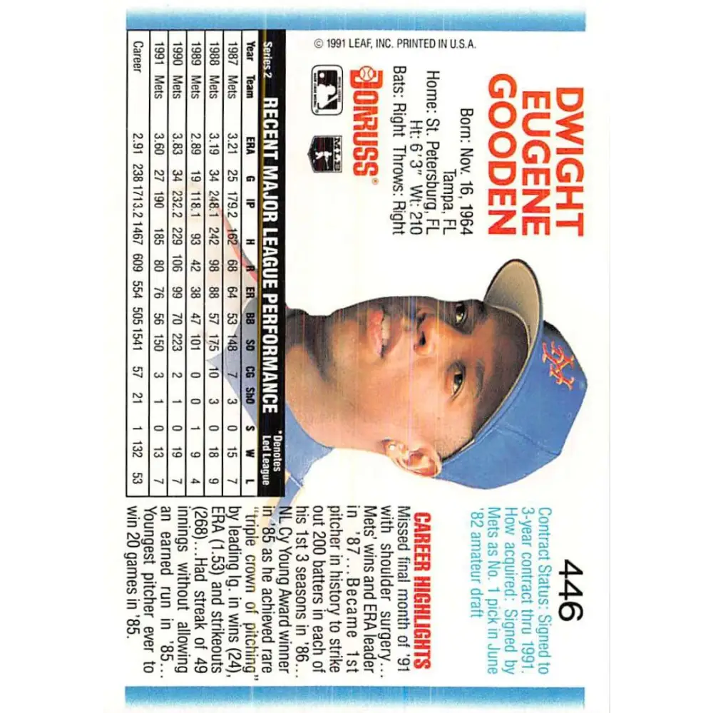 1992 Donruss #446 Dwight Gooden NM-MT New York Mets Baseball Card Image 2